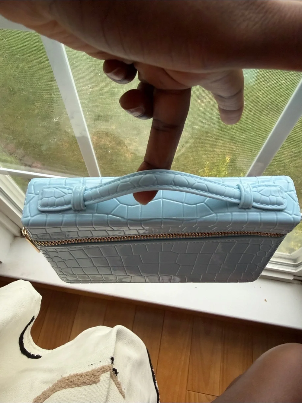 Light Blue Croc-Embossed Top-Handle Cosmetic Case